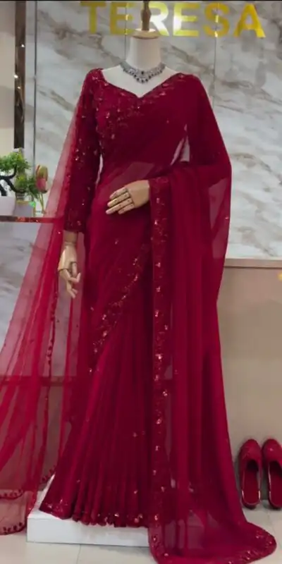 KD 617 Red in Faux Georgette Embroidery Work Saree . Wedding, Party, Festive, Events Special Price ₹1999. Delivery 4-6 Working Days. Shop now. | Bollywood Sarees, Creative Sarees, Designer Sarees, Embroidered Sarees, Ethnic Saree, Modern Digital sarees, Party Wear Sarees, Sarees