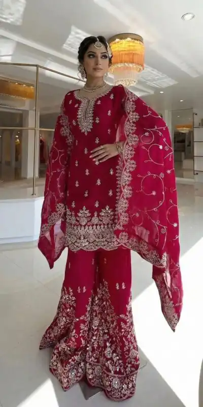 SRK 5319 Red in Organza Silk Embroidery Work & Lace Work Salwar Suit . Now at just ₹2549. Delivery 4-6 Working Days. Shop now. | Jump Suits, Straight Suits, Tops & Bottoms, Track Suits, Trendy Wear, Casual Suits, Creative suits, Designer Suits, Palazzo Suits, Party Wear Suits, Patiala Suits, Salwar suit