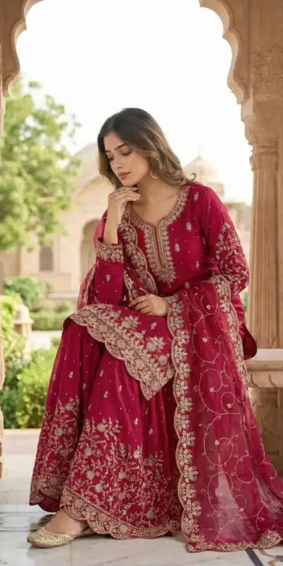 SRK 5319 Red in Organza Silk Embroidery Work & Lace Work Salwar Suit . Now at just ₹2549. Delivery 4-6 Working Days. Shop now. | Jump Suits, Straight Suits, Tops & Bottoms, Track Suits, Trendy Wear, Casual Suits, Creative suits, Designer Suits, Palazzo Suits, Party Wear Suits, Patiala Suits, Salwar suit