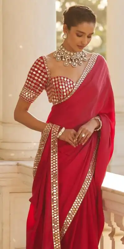 JR 637 Red Rangoli Silk Saree with Mirror Work & Embroidery Work. Exclusive Offer ₹1799. Delivery 4-6 Working Days. Shop now. | Bollywood Sarees, Creative Sarees, Designer Sarees, Embroidered Sarees, Ethnic Saree, Modern Digital sarees, Party Wear Sarees, Sarees