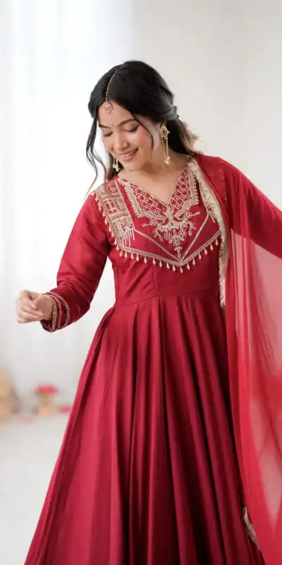 ZSR 3149 Red Roman silk Gown Perfect for Wedding, Party, Sangeet, Haldi, Lohri – . Introductory Price ₹2099. Delivery 4-6 Working Days. Shop now. | Bollywood Gowns, Creative Gowns, Designer Gowns, Embroidered Gowns, Gowns, Party Wear Gowns