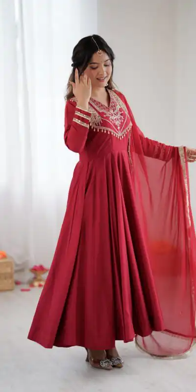 ZSR 3149 Red Roman silk Gown Perfect for Wedding, Party, Sangeet, Haldi, Lohri – . Introductory Price ₹2099. Delivery 4-6 Working Days. Shop now. | Bollywood Gowns, Creative Gowns, Designer Gowns, Embroidered Gowns, Gowns, Party Wear Gowns