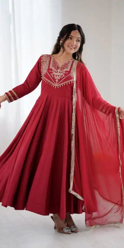 ZSR 3149 Red Roman silk Gown Perfect for Wedding, Party, Sangeet, Haldi, Lohri – . Introductory Price ₹2099. Delivery 4-6 Working Days. Shop now. | Bollywood Gowns, Creative Gowns, Designer Gowns, Embroidered Gowns, Gowns, Party Wear Gowns