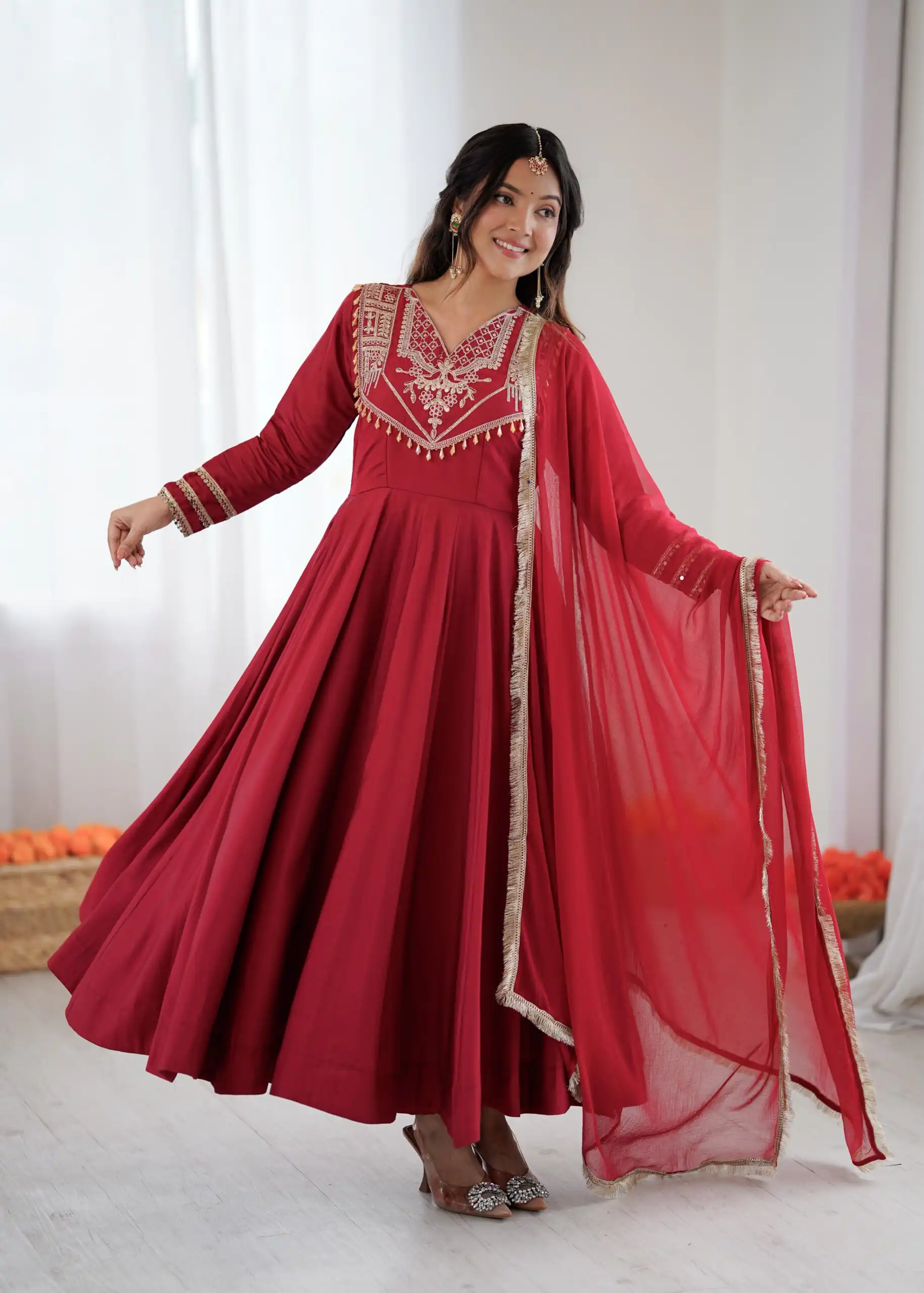 ZSR 3149 Red Roman silk Gown Perfect for Wedding, Party, Sangeet, Haldi, Lohri – . Introductory Price ₹2099. Delivery 4-6 Working Days. Shop now. | Bollywood Gowns, Creative Gowns, Designer Gowns, Embroidered Gowns, Gowns, Party Wear Gowns