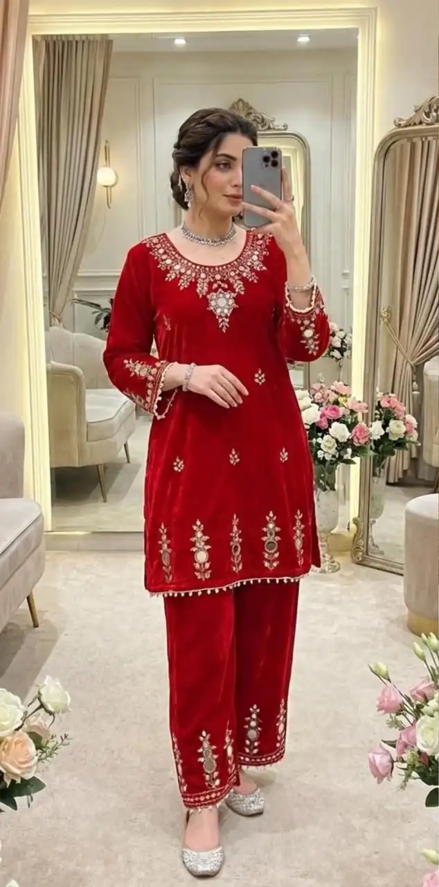 BE 423 Red Velvet Salwar Suit with Embroidery Work & Mirror Work. Now at just ₹1849. Delivery 4-6 Working Days. Shop now. | Jump Suits, Straight Suits, Tops & Bottoms, Track Suits, Trendy Wear, Casual Suits, Creative suits, Designer Suits, Palazzo Suits, Party Wear Suits, Patiala Suits, Salwar suit