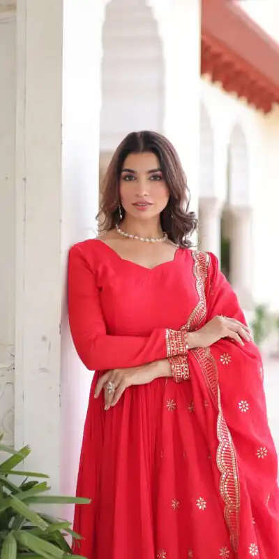 KA 1209 Red Vichitra Silk Gown with Embroidery Work & Sequins Work. Get it for ₹2499. Delivery 4-6 Working Days. Shop now. | Bollywood Gowns, Creative Gowns, Designer Gowns, Embroidered Gowns, Gowns, Party Wear Gowns