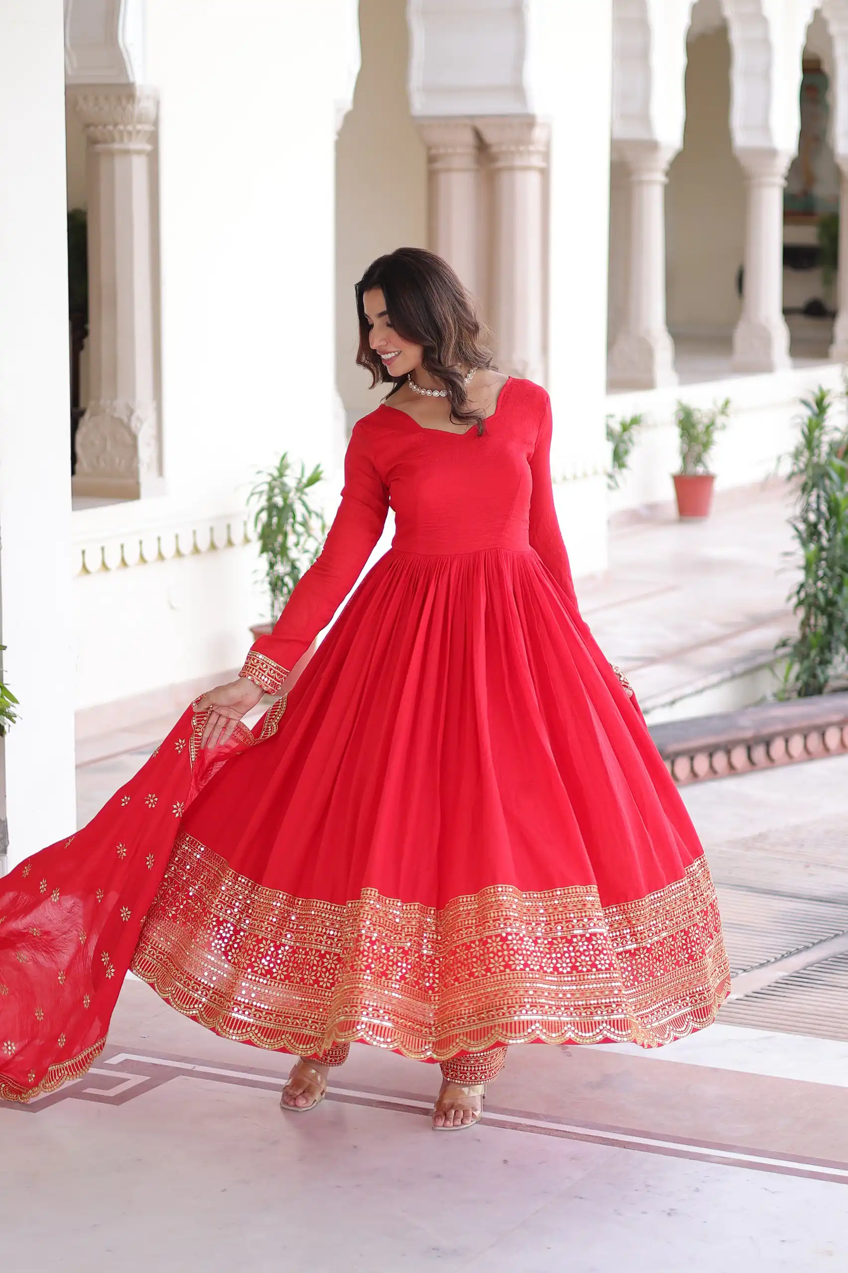 KA 1209 Red Vichitra Silk Gown with Embroidery Work & Sequins Work. Get it for ₹2499. Delivery 4-6 Working Days. Shop now. | Bollywood Gowns, Creative Gowns, Designer Gowns, Embroidered Gowns, Gowns, Party Wear Gowns
