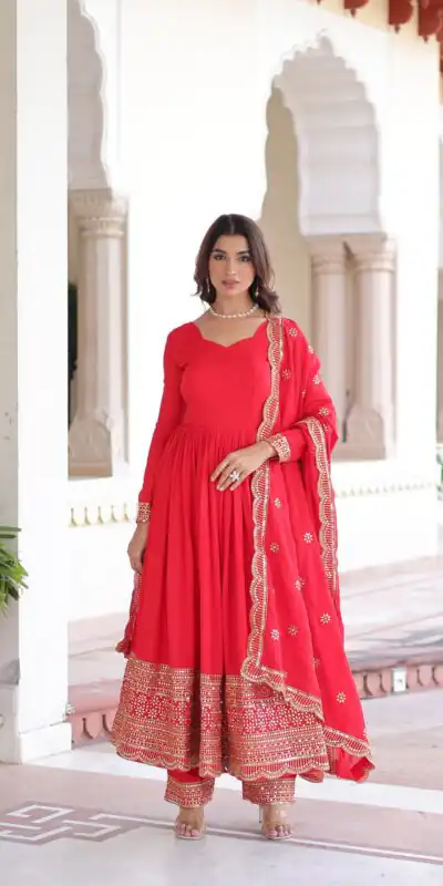 KA 1209 Red Vichitra Silk Gown with Embroidery Work & Sequins Work. Get it for ₹2499. Delivery 4-6 Working Days. Shop now. | Bollywood Gowns, Creative Gowns, Designer Gowns, Embroidered Gowns, Gowns, Party Wear Gowns