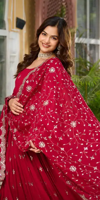 Ram 097 Red Vichitra Silk Gown with Embroidery Work. Wedding, Party, Festive, Events Affordable Price ₹2549. Delivery 4-6 Working Days. Shop now. | Bollywood Gowns, Creative Gowns, Designer Gowns, Embroidered Gowns, Gowns, Party Wear Gowns