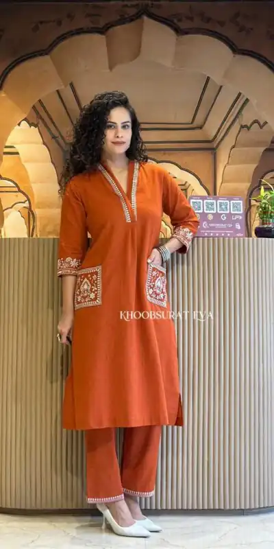 MF 899 Rust in Color Cambric Cotton Embroidery Work & Lace Work Kurti . Best Price ₹1449. Delivery 4-6 Working Days. Shop now. | Bollywood Kurti, Creative Kurtis, Designer Kurti, Kurti, Party Wear Kurti, Selfie Kurti