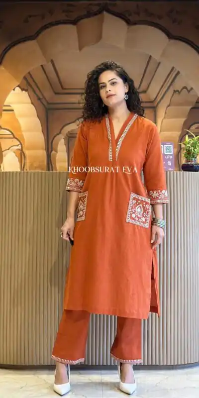 MF 899 Rust in Color Cambric Cotton Embroidery Work & Lace Work Kurti . Best Price ₹1449. Delivery 4-6 Working Days. Shop now. | Bollywood Kurti, Creative Kurtis, Designer Kurti, Kurti, Party Wear Kurti, Selfie Kurti