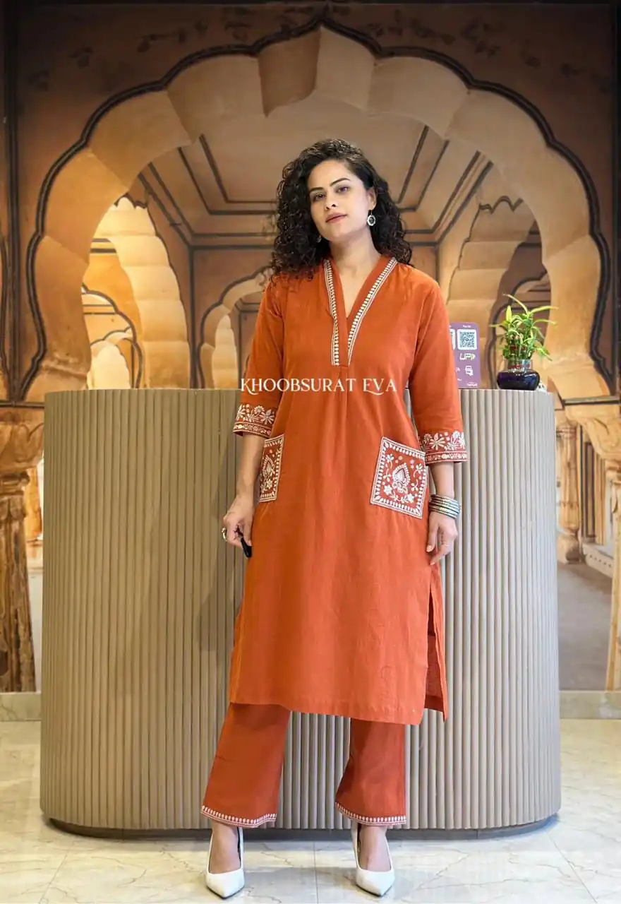 MF 899 Rust in Color Cambric Cotton Embroidery Work & Lace Work Kurti . Best Price ₹1449. Delivery 4-6 Working Days. Shop now. | Bollywood Kurti, Creative Kurtis, Designer Kurti, Kurti, Party Wear Kurti, Selfie Kurti