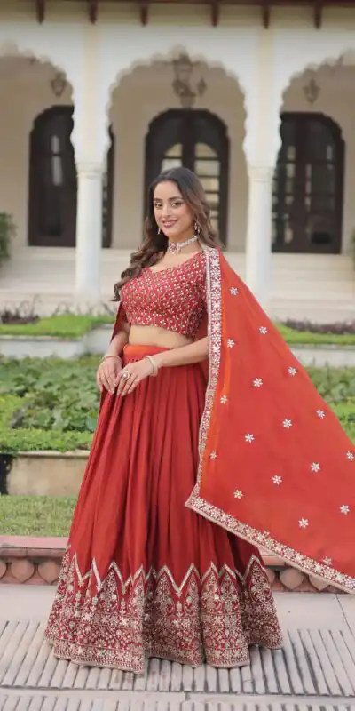 KA 5055 Rust Vichitra Silk Lehenga Choli with Embroidery Work & Sequins Work. Introductory Price ₹3049. Delivery 4-6 Working Days. Shop now. | Bollywood Lehenga, Creative Lehenga, Designer Lehenga, Embroidered Lehenga, Lehenga, Party Wear Lehenga