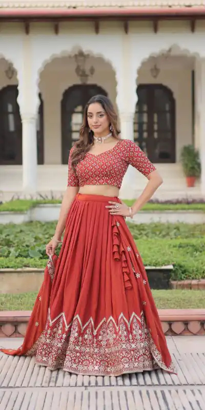 KA 5055 Rust Vichitra Silk Lehenga Choli with Embroidery Work & Sequins Work. Introductory Price ₹3049. Delivery 4-6 Working Days. Shop now. | Bollywood Lehenga, Creative Lehenga, Designer Lehenga, Embroidered Lehenga, Lehenga, Party Wear Lehenga