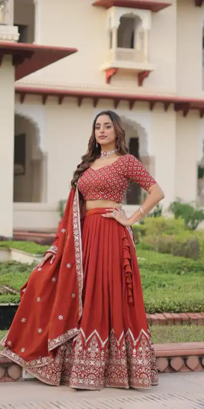 KA 5055 Rust Vichitra Silk Lehenga Choli with Embroidery Work & Sequins Work. Introductory Price ₹3049. Delivery 4-6 Working Days. Shop now. | Bollywood Lehenga, Creative Lehenga, Designer Lehenga, Embroidered Lehenga, Lehenga, Party Wear Lehenga