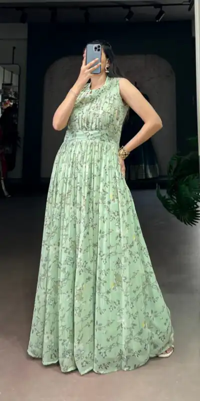 YNF 5200 Sea Green Color Weightless Marbal Gown with Designer Work. Available at ₹1649 only. Delivery 4-6 Working Days. Shop now. | Bollywood Gowns, Creative Gowns, Designer Gowns, Embroidered Gowns, Gowns, Party Wear Gowns