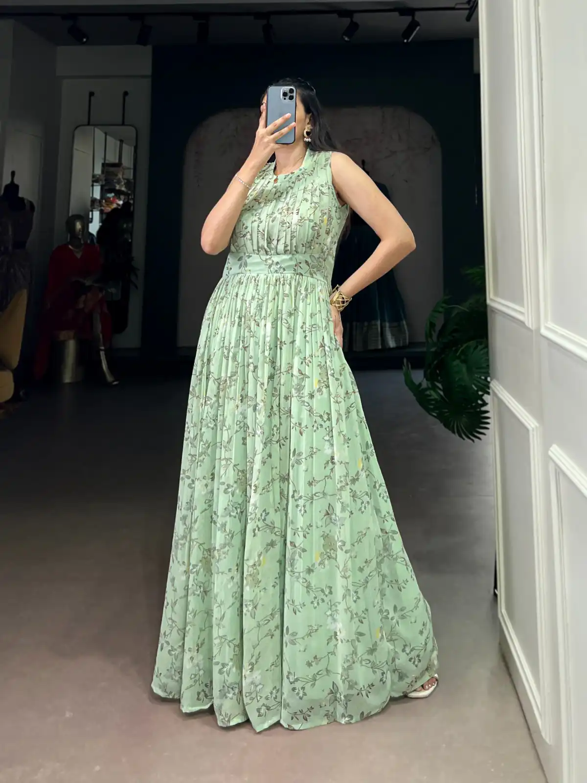YNF 5200 Sea Green Color Weightless Marbal Gown with Designer Work. Available at ₹1649 only. Delivery 4-6 Working Days. Shop now. | Bollywood Gowns, Creative Gowns, Designer Gowns, Embroidered Gowns, Gowns, Party Wear Gowns