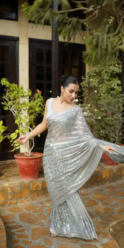 JR 635 Silver Georgette Saree with Lace Work & Embroidery Work. Exclusive Offer ₹1949. Delivery 4-6 Working Days. Shop now. | Bollywood Sarees, Creative Sarees, Designer Sarees, Embroidered Sarees, Ethnic Saree, Modern Digital sarees, Party Wear Sarees, Sarees