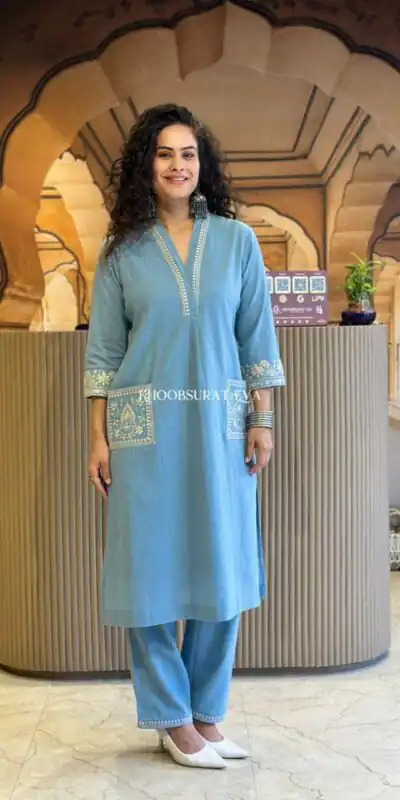 MF 899 Sky Blue in Color Cambric Cotton Embroidery Work & Lace Work Kurti . Best Price ₹1449. Delivery 4-6 Working Days. Shop now. | Bollywood Kurti, Creative Kurtis, Designer Kurti, Kurti, Party Wear Kurti, Selfie Kurti
