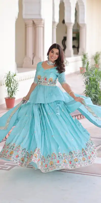KA 5058 Sky Blue in Gold Crush Embroidery Work & Zari Work Lehenga Choli . Special Price ₹2649. Delivery 4-6 Working Days. Shop now. | Bollywood Lehenga, Creative Lehenga, Designer Lehenga, Embroidered Lehenga, Lehenga, Party Wear Lehenga