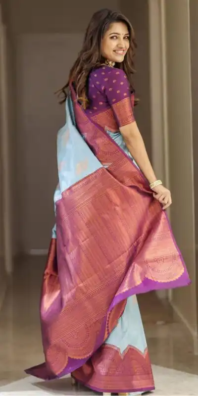 KPR 133 Sky Blue Color Soft Lichi Silk Saree with Designer Work. Exclusive Offer ₹1399. Delivery 4-6 Working Days. Shop now. | Bollywood Sarees, Creative Sarees, Designer Sarees, Embroidered Sarees, Ethnic Saree, Modern Digital sarees, Party Wear Sarees, Sarees