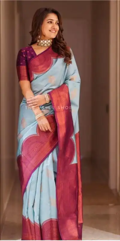 KPR 133 Sky Blue Color Soft Lichi Silk Saree with Designer Work. Exclusive Offer ₹1399. Delivery 4-6 Working Days. Shop now. | Bollywood Sarees, Creative Sarees, Designer Sarees, Embroidered Sarees, Ethnic Saree, Modern Digital sarees, Party Wear Sarees, Sarees
