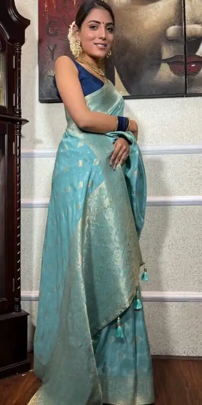 KPR 210 Sky Blue Soft Lichi Silk Saree with Lace Work & Lace Border. Special Price ₹1399. Delivery 4-6 Working Days. Shop now. | Bollywood Sarees, Creative Sarees, Designer Sarees, Embroidered Sarees, Ethnic Saree, Modern Digital sarees, Party Wear Sarees, Sarees