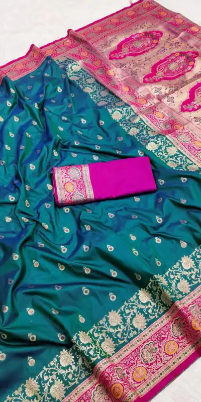 MB 3315 Teal Color Banarasi Silk Gold Zari Border Saree . Wedding, Party, Festive, Available at ₹2049 only. Delivery 4-6 Working Days. Shop now. | Bollywood Sarees, Creative Sarees, Designer Sarees, Embroidered Sarees, Ethnic Saree, Modern Digital sarees, Party Wear Sarees, Sarees