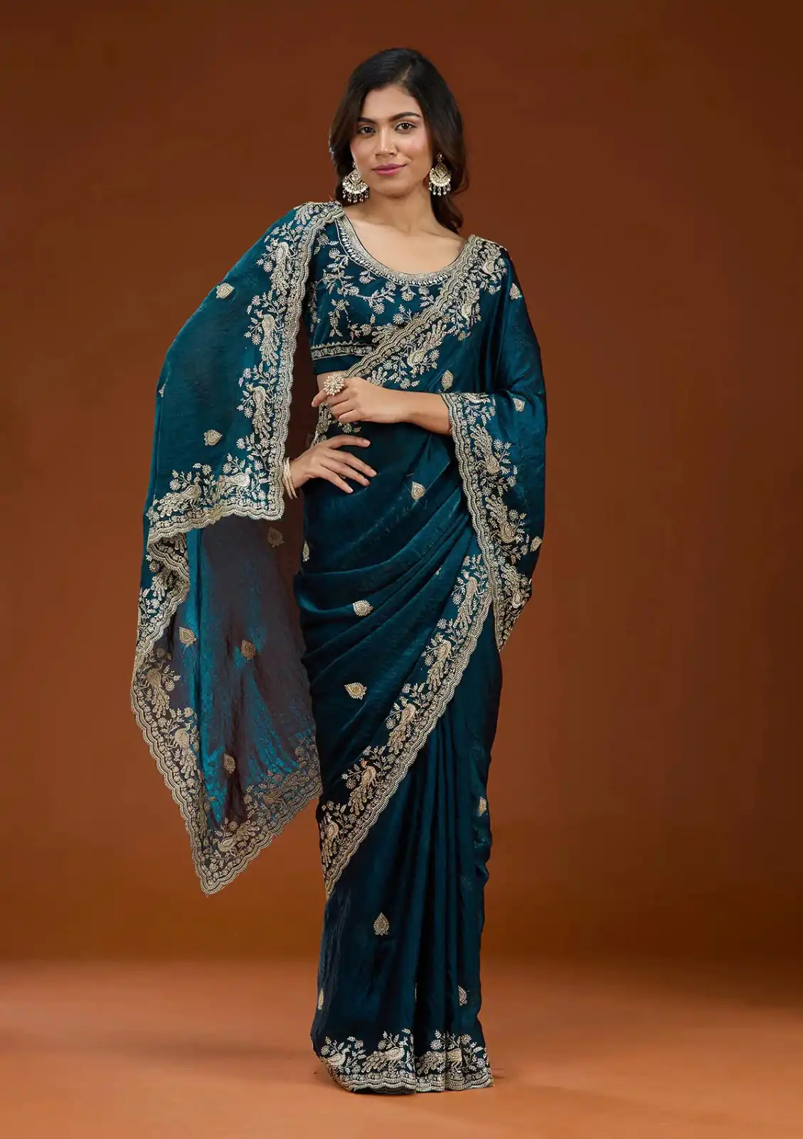 E BT 438 Teal in Fandy Satin Silk mbroidery Work & Zari Work Saree. Special Price ₹1949. Delivery 4-6 Working Days. Shop now. | Bollywood Sarees, Creative Sarees, Designer Sarees, Embroidered Sarees, Ethnic Saree, Modern Digital sarees, Party Wear Sarees, Sarees