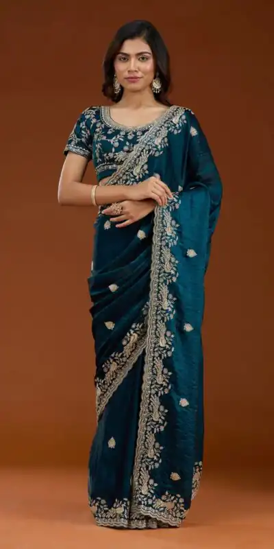 E BT 438 Teal in Fandy Satin Silk mbroidery Work & Zari Work Saree. Special Price ₹1949. Delivery 4-6 Working Days. Shop now. | Bollywood Sarees, Creative Sarees, Designer Sarees, Embroidered Sarees, Ethnic Saree, Modern Digital sarees, Party Wear Sarees, Sarees