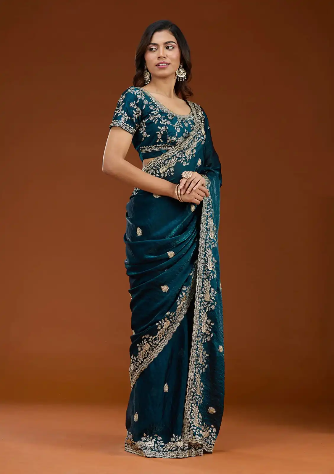 E BT 438 Teal in Fandy Satin Silk mbroidery Work & Zari Work Saree. Special Price ₹1949. Delivery 4-6 Working Days. Shop now. | Bollywood Sarees, Creative Sarees, Designer Sarees, Embroidered Sarees, Ethnic Saree, Modern Digital sarees, Party Wear Sarees, Sarees