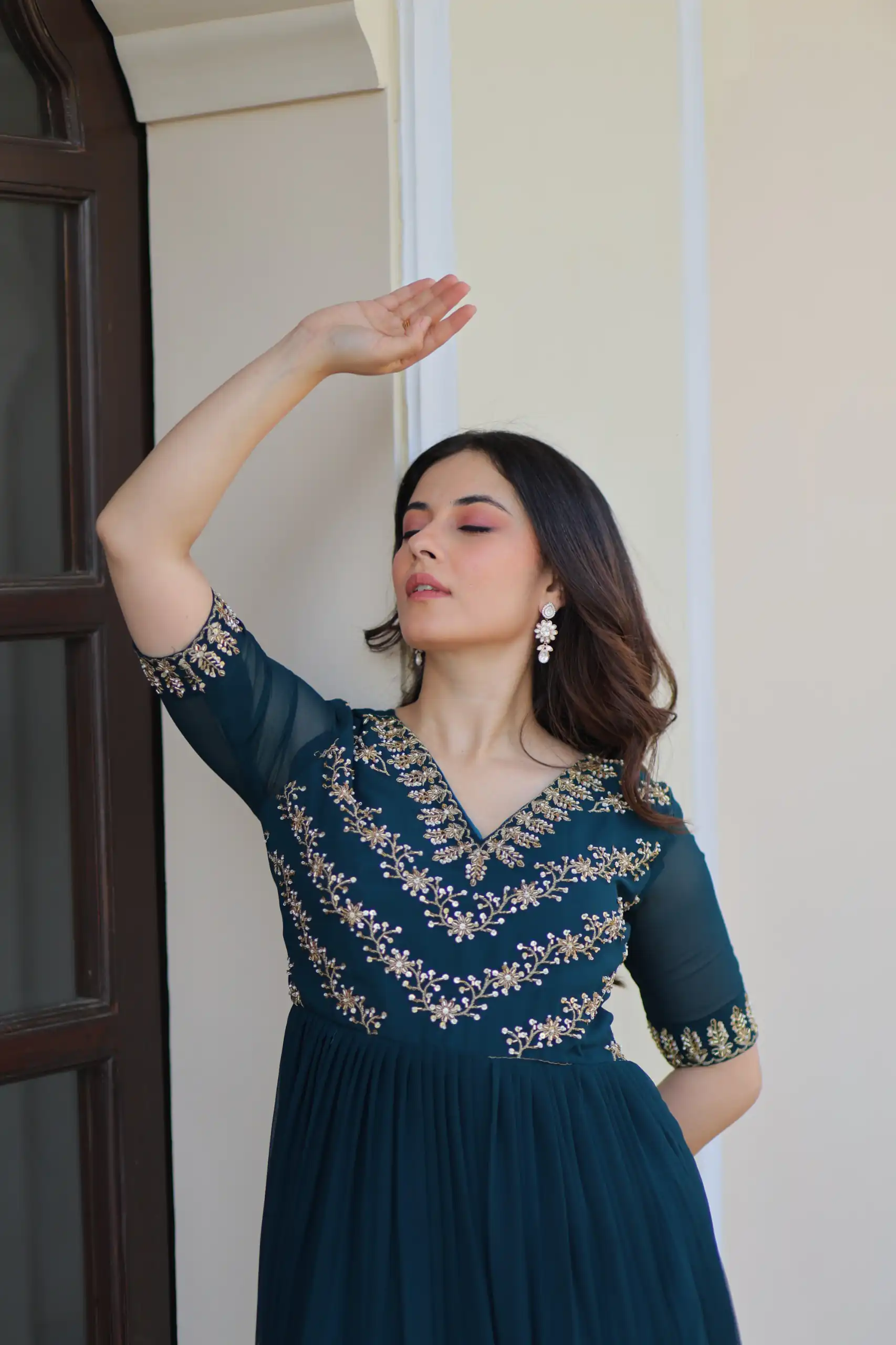 KA 1172 Teal in Faux Blooming Embroidery Work & Sequins Work Gown . Affordable Price ₹1749. Delivery 4-6 Working Days. Shop now. | Bollywood Gowns, Creative Gowns, Designer Gowns, Embroidered Gowns, Gowns, Party Wear Gowns