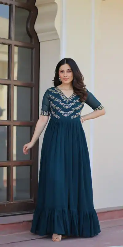 KA 1172 Teal in Faux Blooming Embroidery Work & Sequins Work Gown . Affordable Price ₹1749. Delivery 4-6 Working Days. Shop now. | Bollywood Gowns, Creative Gowns, Designer Gowns, Embroidered Gowns, Gowns, Party Wear Gowns