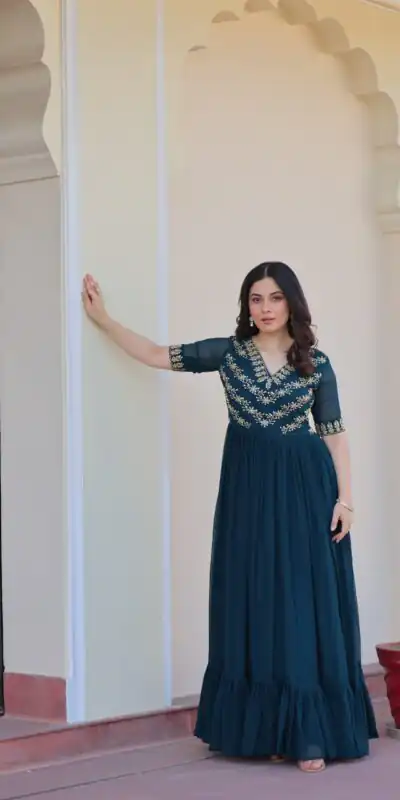 KA 1172 Teal in Faux Blooming Embroidery Work & Sequins Work Gown . Affordable Price ₹1749. Delivery 4-6 Working Days. Shop now. | Bollywood Gowns, Creative Gowns, Designer Gowns, Embroidered Gowns, Gowns, Party Wear Gowns