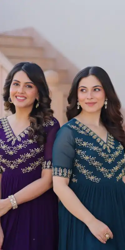 KA 1172 Teal in Faux Blooming Embroidery Work & Sequins Work Gown . Affordable Price ₹1749. Delivery 4-6 Working Days. Shop now. | Bollywood Gowns, Creative Gowns, Designer Gowns, Embroidered Gowns, Gowns, Party Wear Gowns