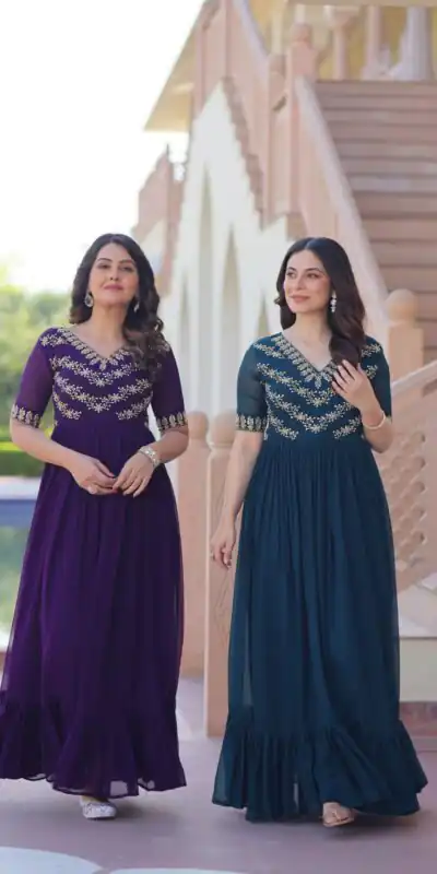 KA 1172 Teal in Faux Blooming Embroidery Work & Sequins Work Gown . Affordable Price ₹1749. Delivery 4-6 Working Days. Shop now. | Bollywood Gowns, Creative Gowns, Designer Gowns, Embroidered Gowns, Gowns, Party Wear Gowns