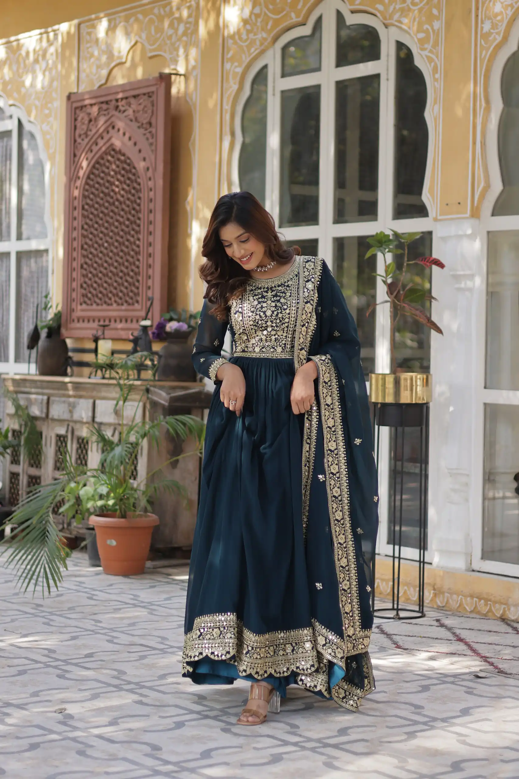 KA 1153 Teal Faux Blooming Gown with Embroidery Work & Zari Work. Available at ₹2599 only. Delivery 4-6 Working Days. Shop now. | Bollywood Gowns, Creative Gowns, Designer Gowns, Embroidered Gowns, Gowns, Party Wear Gowns