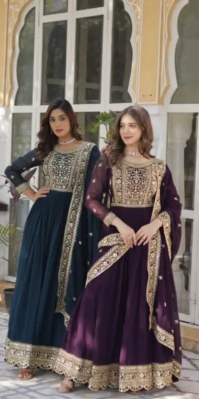 KA 1153 Teal Faux Blooming Gown with Embroidery Work & Zari Work. Available at ₹2599 only. Delivery 4-6 Working Days. Shop now. | Bollywood Gowns, Creative Gowns, Designer Gowns, Embroidered Gowns, Gowns, Party Wear Gowns