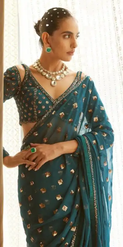 DF 3468 Teal Faux Georgette Saree with Embroidery Work & Sequins Work. Grab it for ₹1799. Delivery 4-6 Working Days. Shop now. | Bollywood Sarees, Creative Sarees, Designer Sarees, Embroidered Sarees, Ethnic Saree, Modern Digital sarees, Party Wear Sarees, Sarees