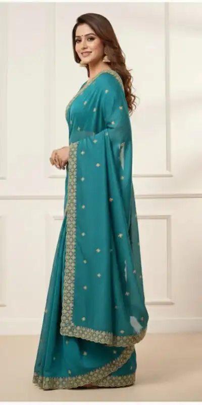JR 659 Teal in Color Star Georgette Embroidery Work Saree . Available at ₹1799 only. Delivery 4-6 Working Days. Shop now. | Bollywood Sarees, Creative Sarees, Designer Sarees, Embroidered Sarees, Ethnic Saree, Modern Digital sarees, Party Wear Sarees, Sarees