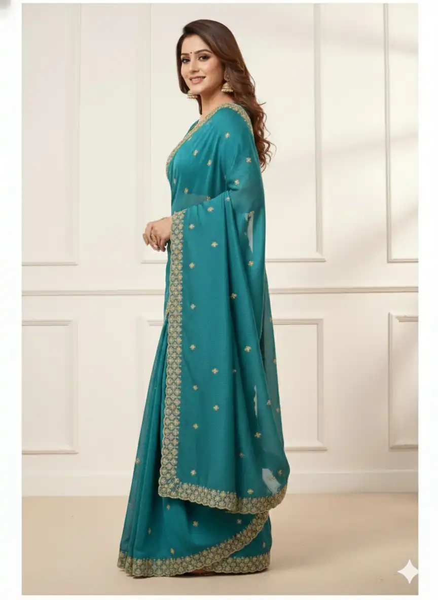 JR 659 Teal in Color Star Georgette Embroidery Work Saree . Available at ₹1799 only. Delivery 4-6 Working Days. Shop now. | Bollywood Sarees, Creative Sarees, Designer Sarees, Embroidered Sarees, Ethnic Saree, Modern Digital sarees, Party Wear Sarees, Sarees