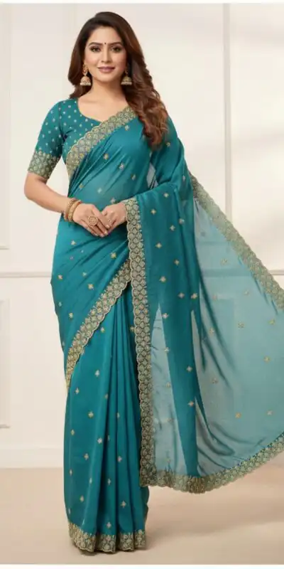 JR 659 Teal in Color Star Georgette Embroidery Work Saree . Available at ₹1799 only. Delivery 4-6 Working Days. Shop now. | Bollywood Sarees, Creative Sarees, Designer Sarees, Embroidered Sarees, Ethnic Saree, Modern Digital sarees, Party Wear Sarees, Sarees