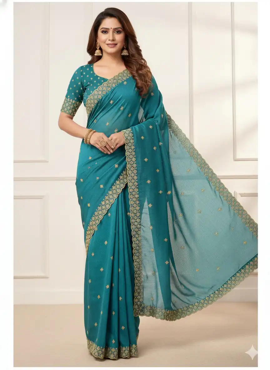 JR 659 Teal in Color Star Georgette Embroidery Work Saree . Available at ₹1799 only. Delivery 4-6 Working Days. Shop now. | Bollywood Sarees, Creative Sarees, Designer Sarees, Embroidered Sarees, Ethnic Saree, Modern Digital sarees, Party Wear Sarees, Sarees
