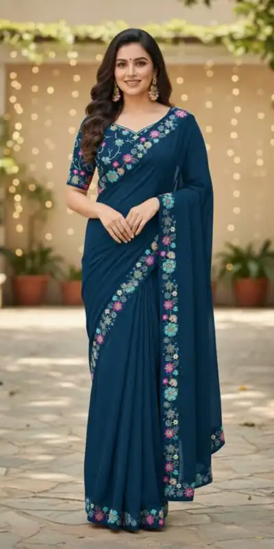 JR 658 Teal in Color Star Georgette ace Work & Embroidery Work Saree . Now at just ₹1699. Delivery 4-6 Working Days. Shop now. | Bollywood Sarees, Creative Sarees, Designer Sarees, Embroidered Sarees, Ethnic Saree, Modern Digital sarees, Party Wear Sarees, Sarees