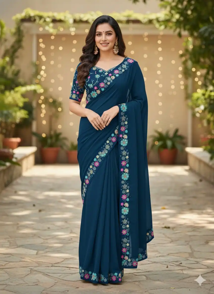 JR 658 Teal in Color Star Georgette ace Work & Embroidery Work Saree . Now at just ₹1699. Delivery 4-6 Working Days. Shop now. | Bollywood Sarees, Creative Sarees, Designer Sarees, Embroidered Sarees, Ethnic Saree, Modern Digital sarees, Party Wear Sarees, Sarees