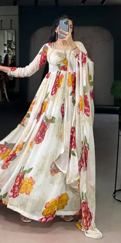 YNF 5103 White Lace Work Gown in Chiffon. Get it for ₹1899. Wedding, Party, Festive, Events Delivery 4-6 Working Days. Shop now. | Bollywood Gowns, Creative Gowns, Designer Gowns, Embroidered Gowns, Gowns, Party Wear Gowns