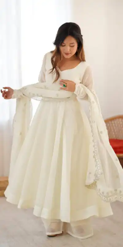 SSR 5006 White Fandy Silk Gown Perfect for Wedding, Party, Pongal, Traditional Day, Baby Shower – . Get it for ₹1999. Delivery 4-6 Working Days. Shop | Bollywood Gowns, Creative Gowns, Designer Gowns, Embroidered Gowns, Gowns, Party Wear Gowns