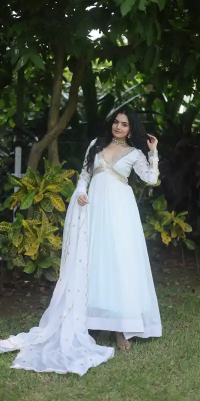 KA 1067 White Faux Blooming Gown Perfect for Wedding, Party, Haldi, Raksha Bandhan, Traditional Day – . Exclusive Offer ₹1849. Delivery 4-6 Working Da | Bollywood Gowns, Creative Gowns, Designer Gowns, Embroidered Gowns, Gowns, Party Wear Gowns