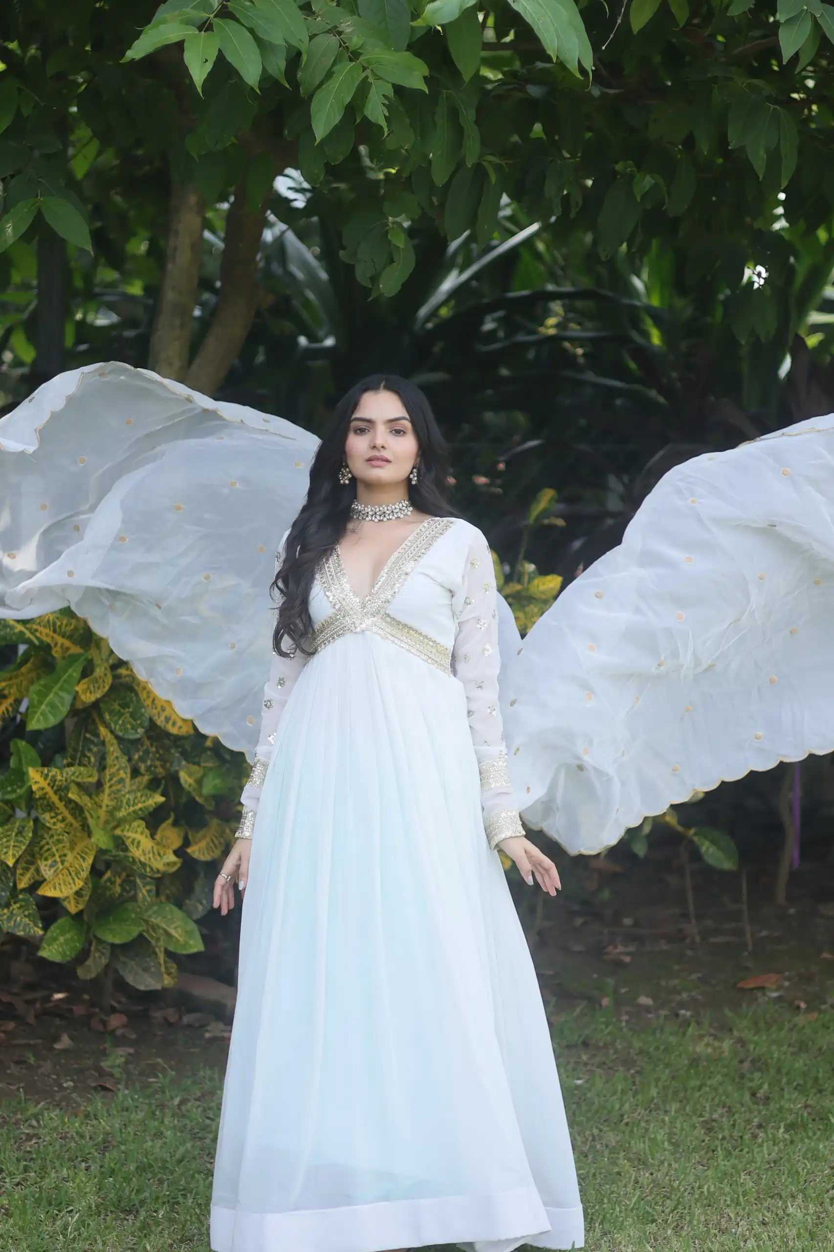 KA 1067 White Faux Blooming Gown Perfect for Wedding, Party, Haldi, Raksha Bandhan, Traditional Day – . Exclusive Offer ₹1849. Delivery 4-6 Working Da | Bollywood Gowns, Creative Gowns, Designer Gowns, Embroidered Gowns, Gowns, Party Wear Gowns