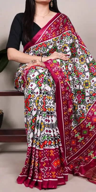 YNF 7801 White Gaji Silk Saree with Patola Print. Wedding, Party, Festive, Events, Best Price ₹2999. Delivery 4-6 Working Days. Shop now. | Bollywood Sarees, Creative Sarees, Designer Sarees, Embroidered Sarees, Ethnic Saree, Modern Digital sarees, Party Wear Sarees, Sarees